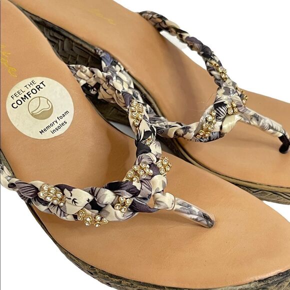 Goldtoe Heels Wedge Sandals Silk Rhinestone Blue Size 8 - Picture 2 of 5